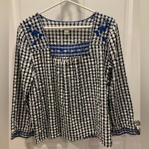 J Crew Navy and White Gingham Peasant Blouse